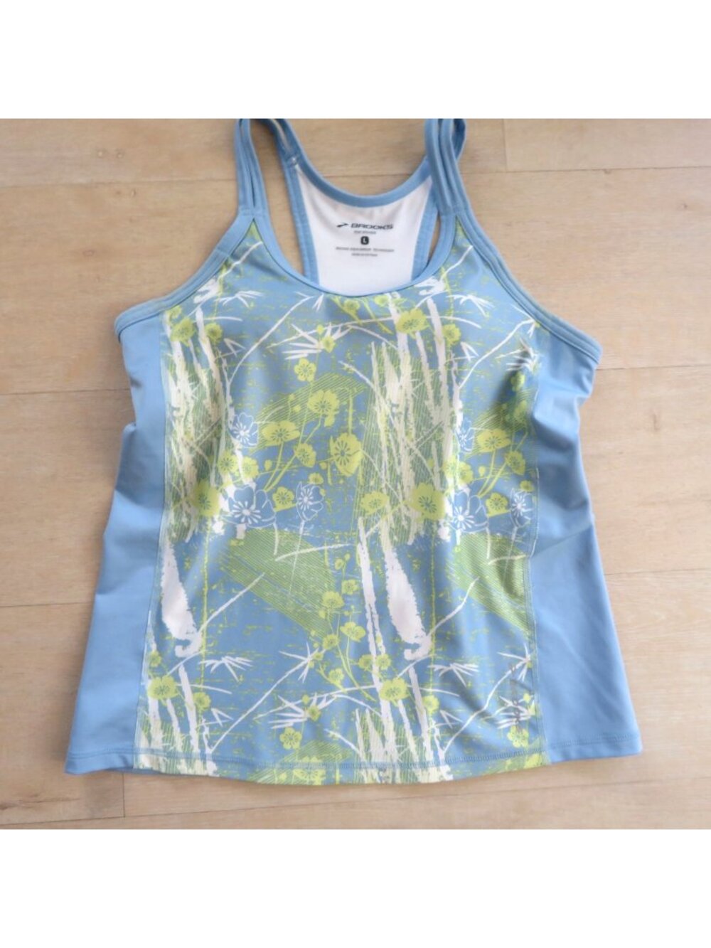 Brooks Womens Racerback Performance Tank Top L Built-In Bra Blue Green Floral